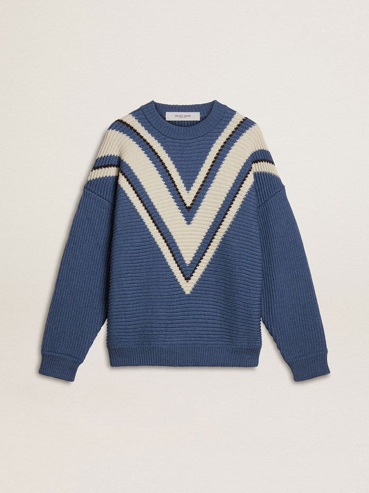 Men's light blue jacquard wool sweater with cream-colored pattern | Golden Goose