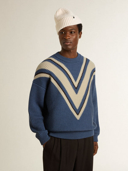 Men's light blue jacquard wool sweater with cream-colored pattern | Golden Goose