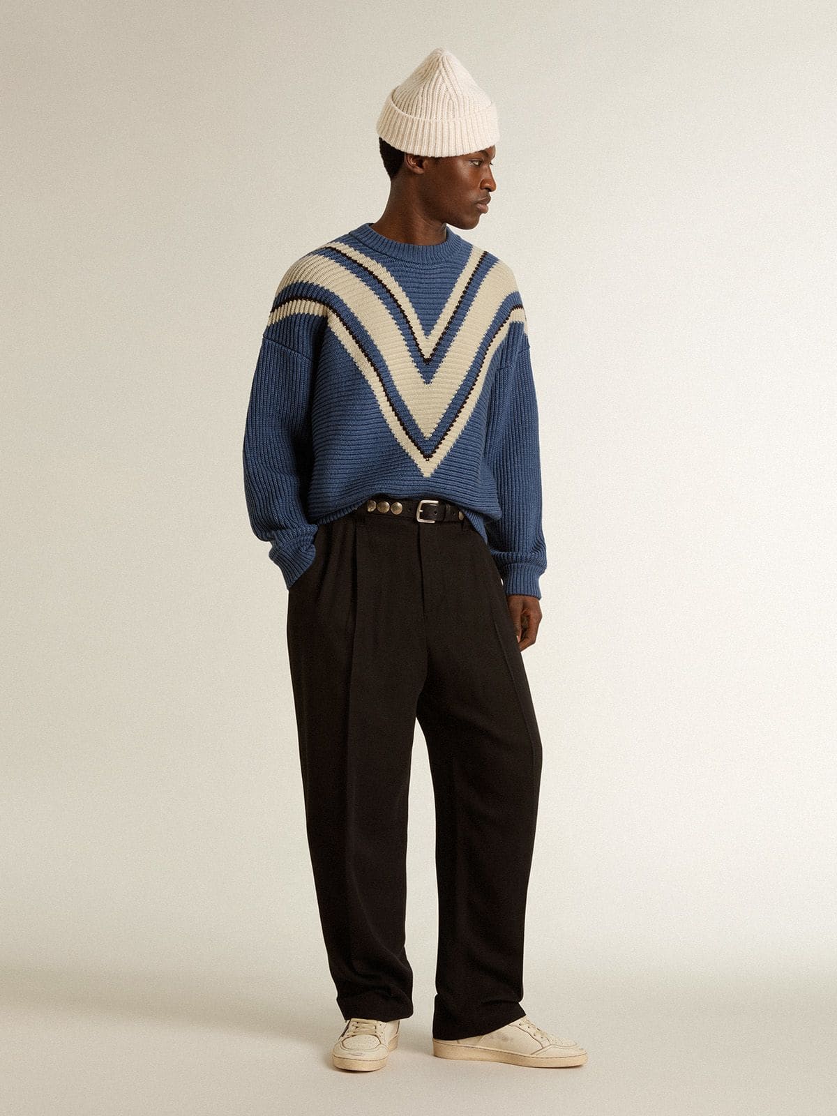 Men's light blue jacquard wool sweater with cream-colored pattern | Golden Goose