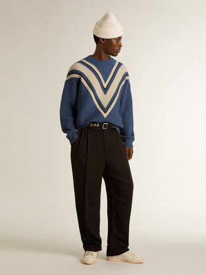 Men's light blue jacquard wool sweater with cream-colored pattern | Golden Goose