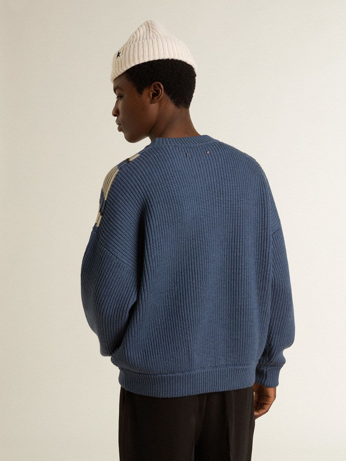 Men's light blue jacquard wool sweater with cream-colored pattern | Golden Goose