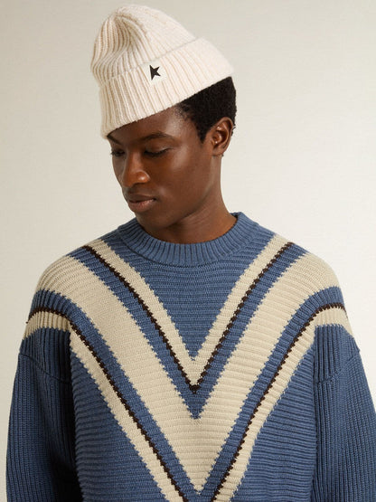 Men's light blue jacquard wool sweater with cream-colored pattern | Golden Goose