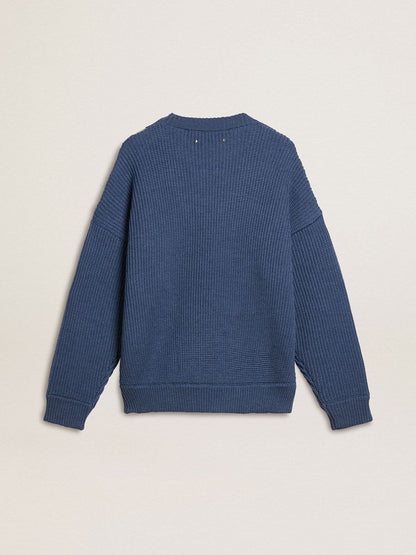 Men's light blue jacquard wool sweater with cream-colored pattern | Golden Goose