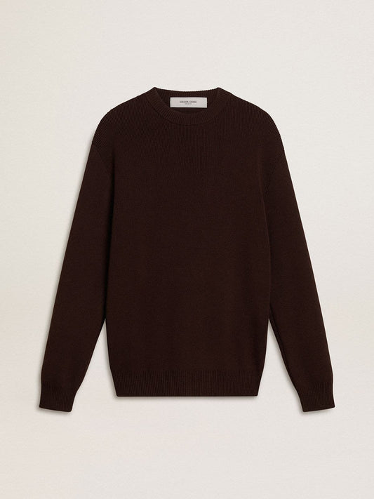Men's brown crew-neck sweater with 'Golden' lettering on the back | Golden Goose