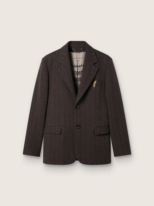 Men's single-breasted blazer in dark brown wool with thin stripe pattern | Golden Goose
