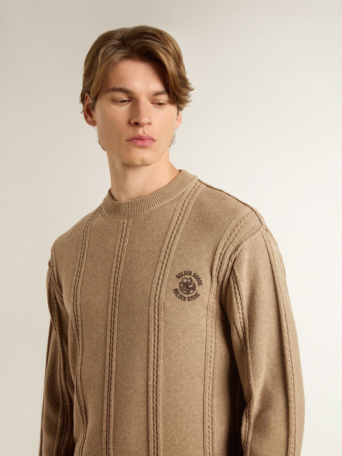 Men's beige sweater with embroidered logo | Golden Goose