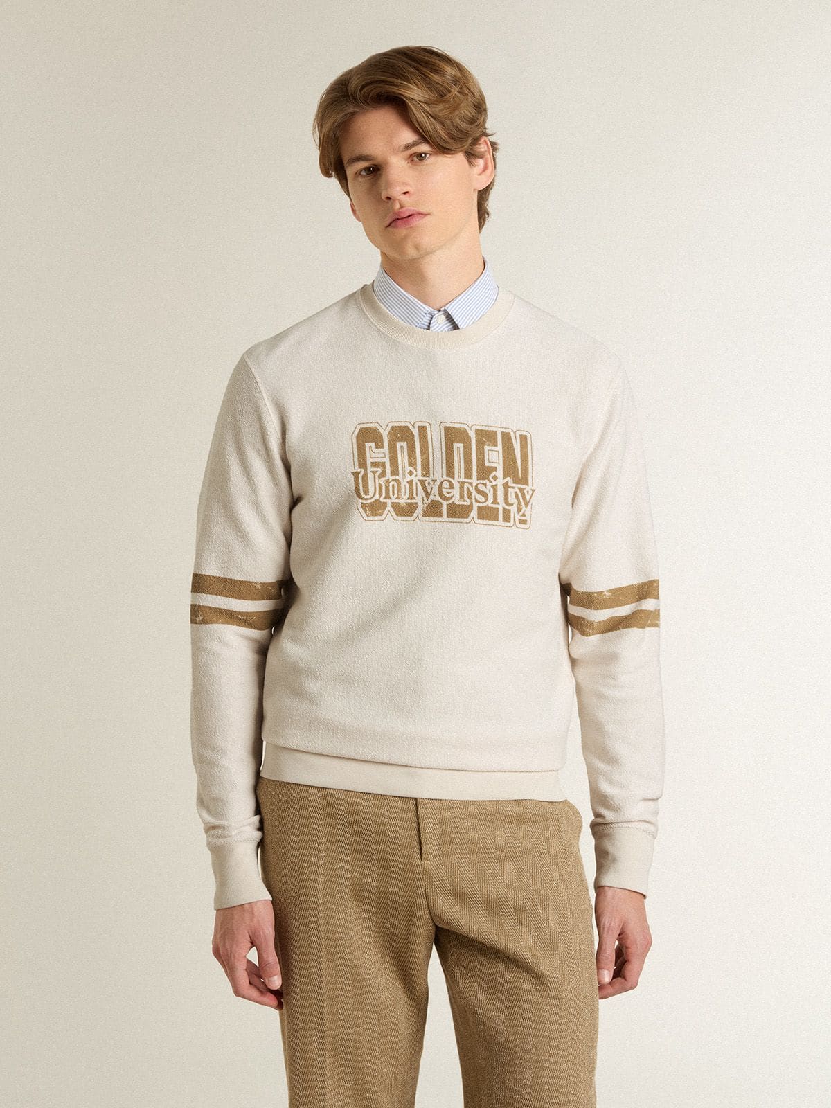 Men's white cotton sweatshirt with front print | Golden Goose
