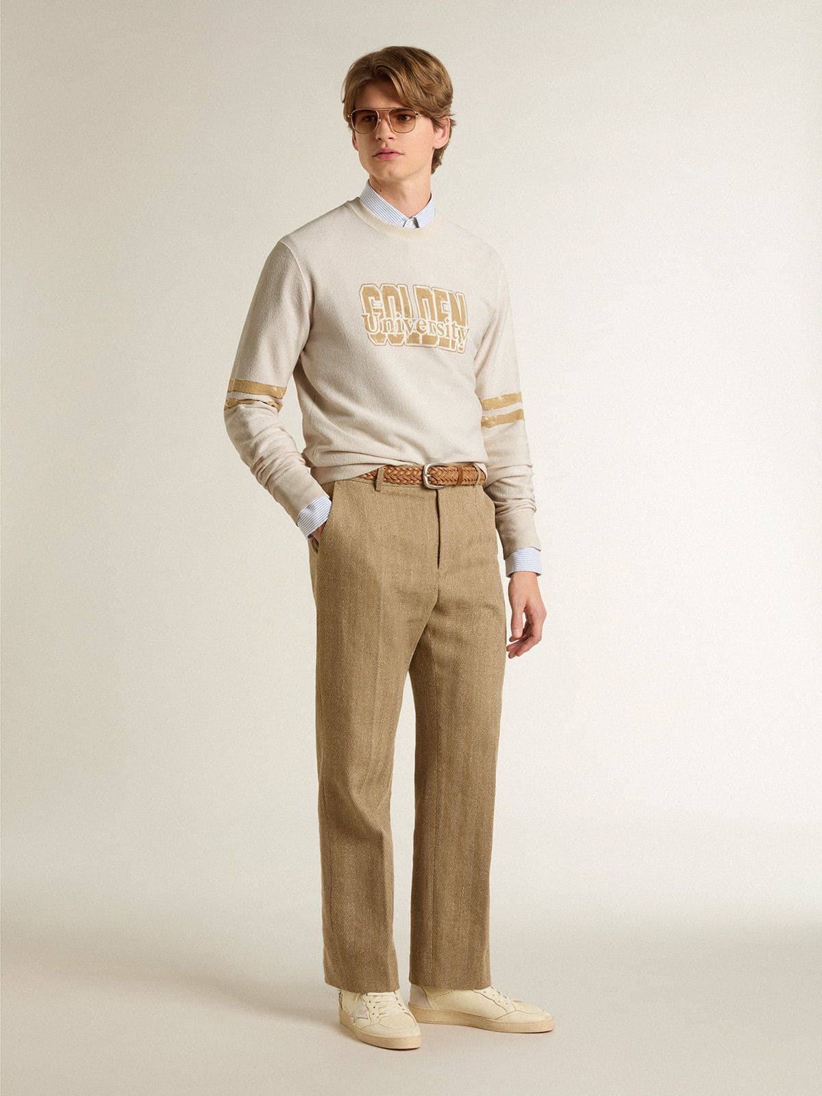 Men's white cotton sweatshirt with front print | Golden Goose