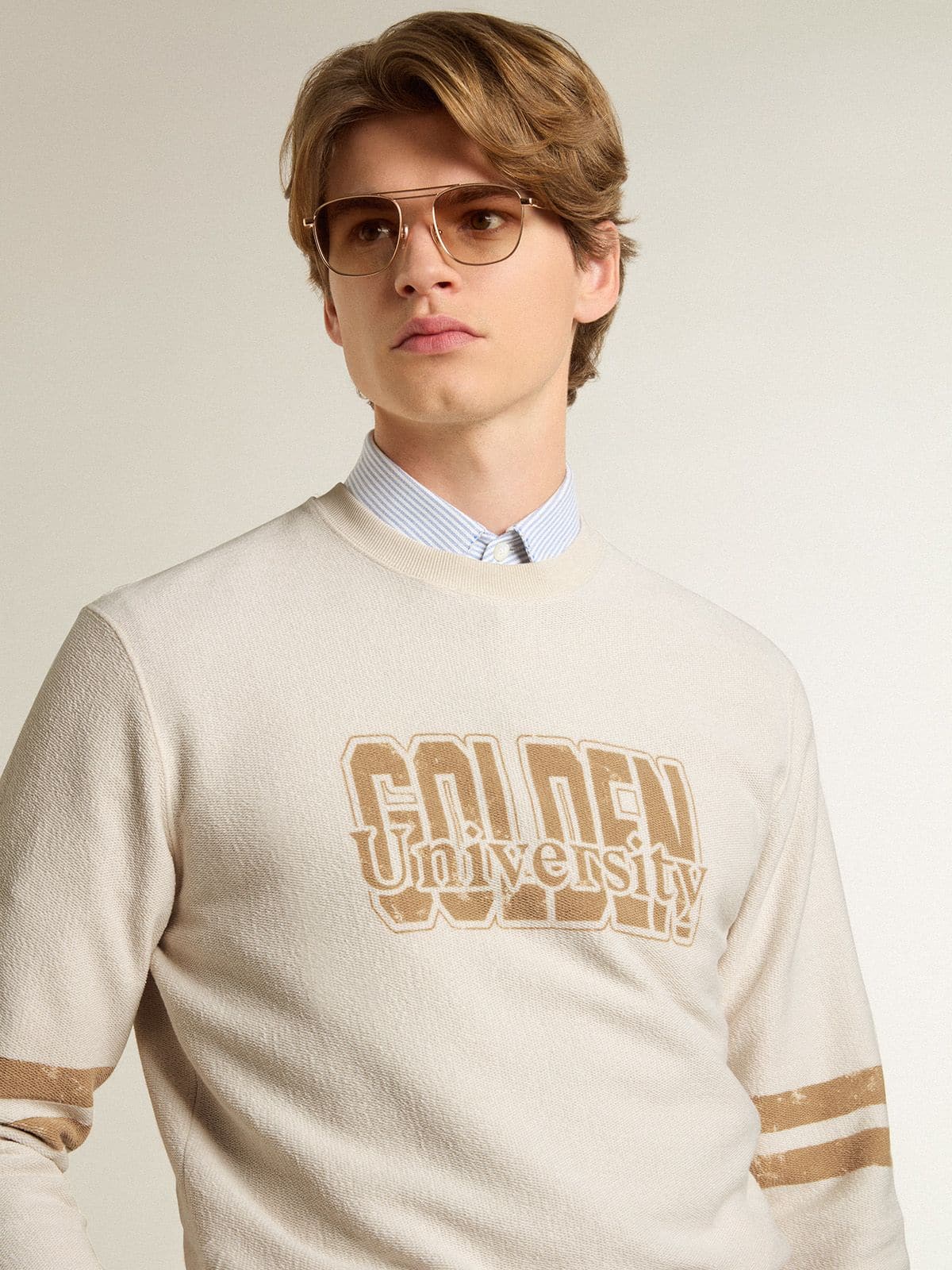 Men's white cotton sweatshirt with front print | Golden Goose