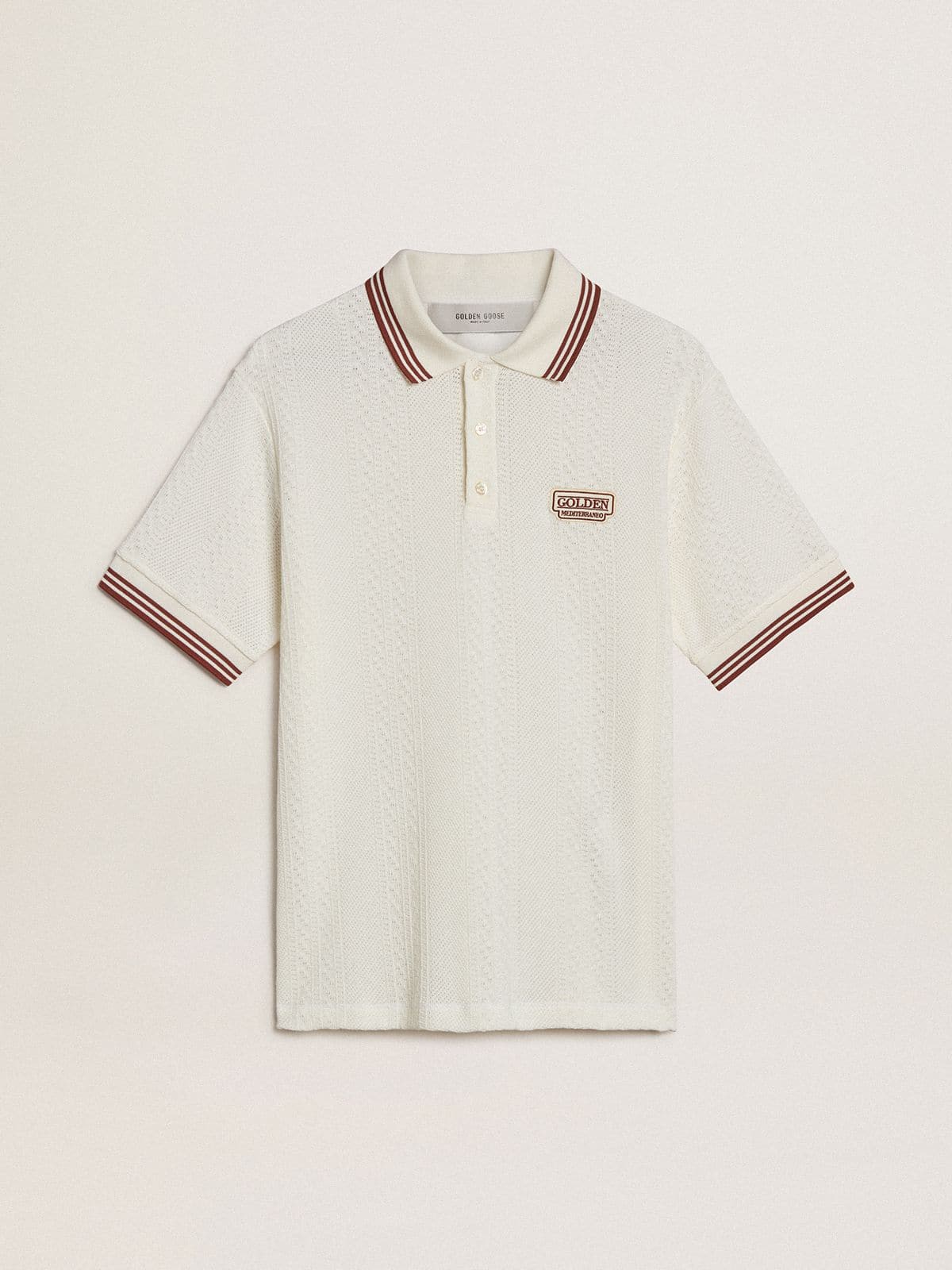 Men's polo shirt in white perforated knit with burgundy striped details | Golden Goose