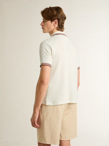 Men's polo shirt in white perforated knit with burgundy striped details | Golden Goose