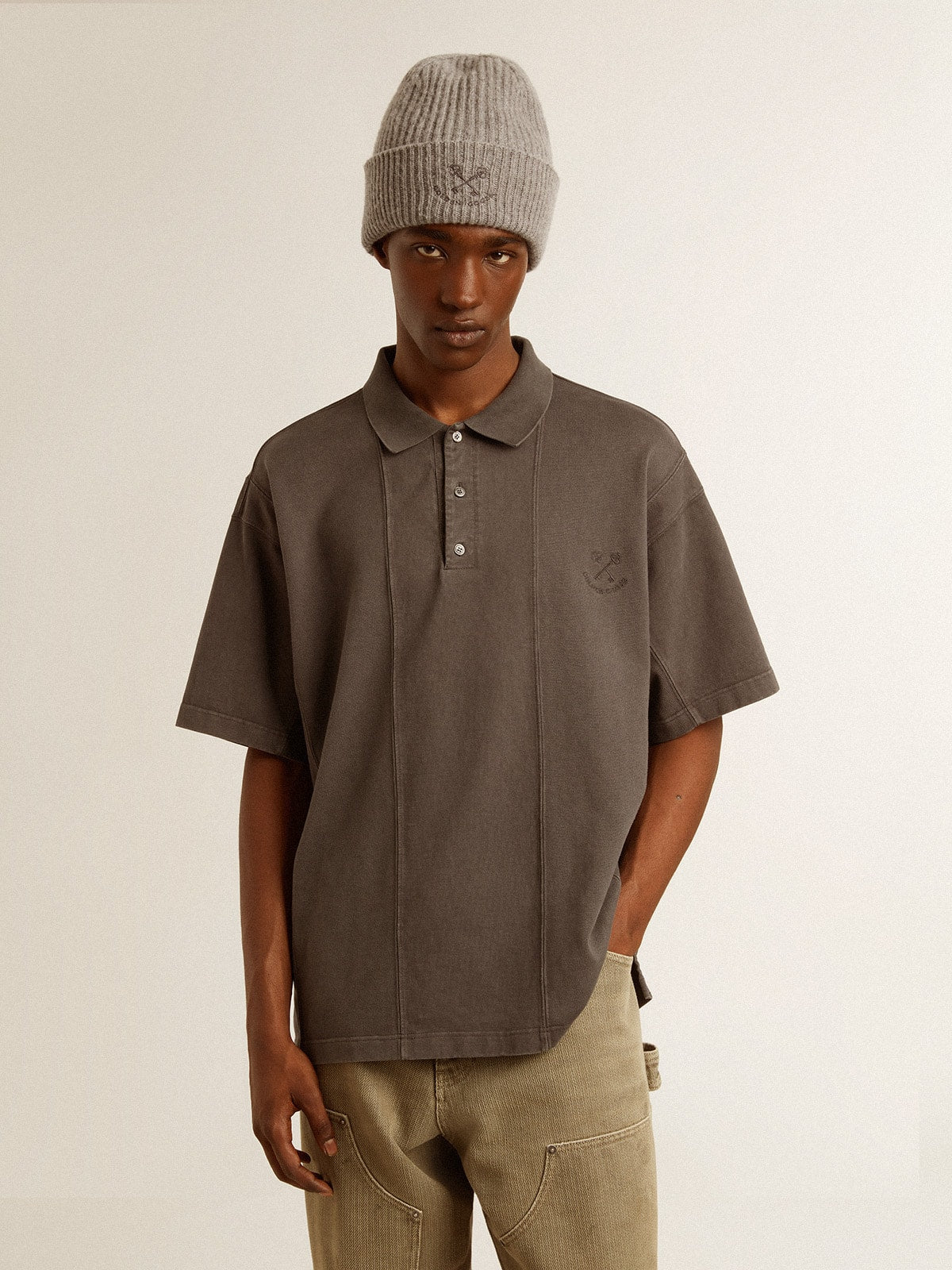 Men's cotton polo shirt in anthracite gray with embroidery | Golden Goose
