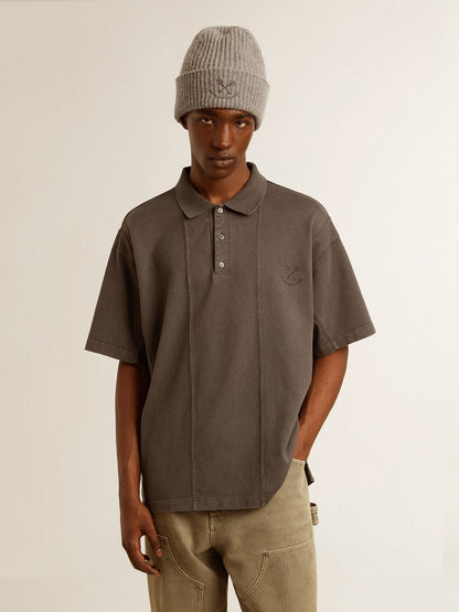 Men's cotton polo shirt in anthracite gray with embroidery | Golden Goose