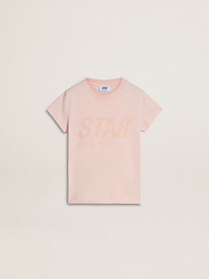 Girls' pink T-shirt with pink print on the front | Golden Goose