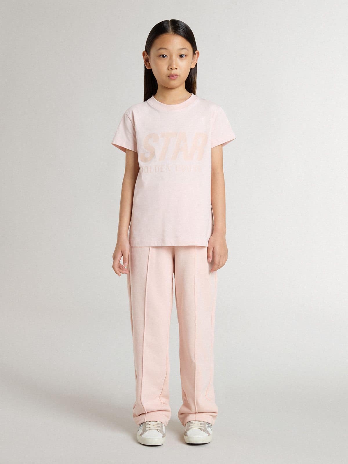 Girls' pink T-shirt with pink print on the front | Golden Goose