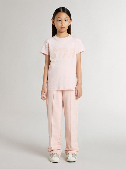 Girls' pink T-shirt with pink print on the front | Golden Goose