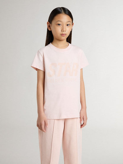 Girls' pink T-shirt with pink print on the front | Golden Goose