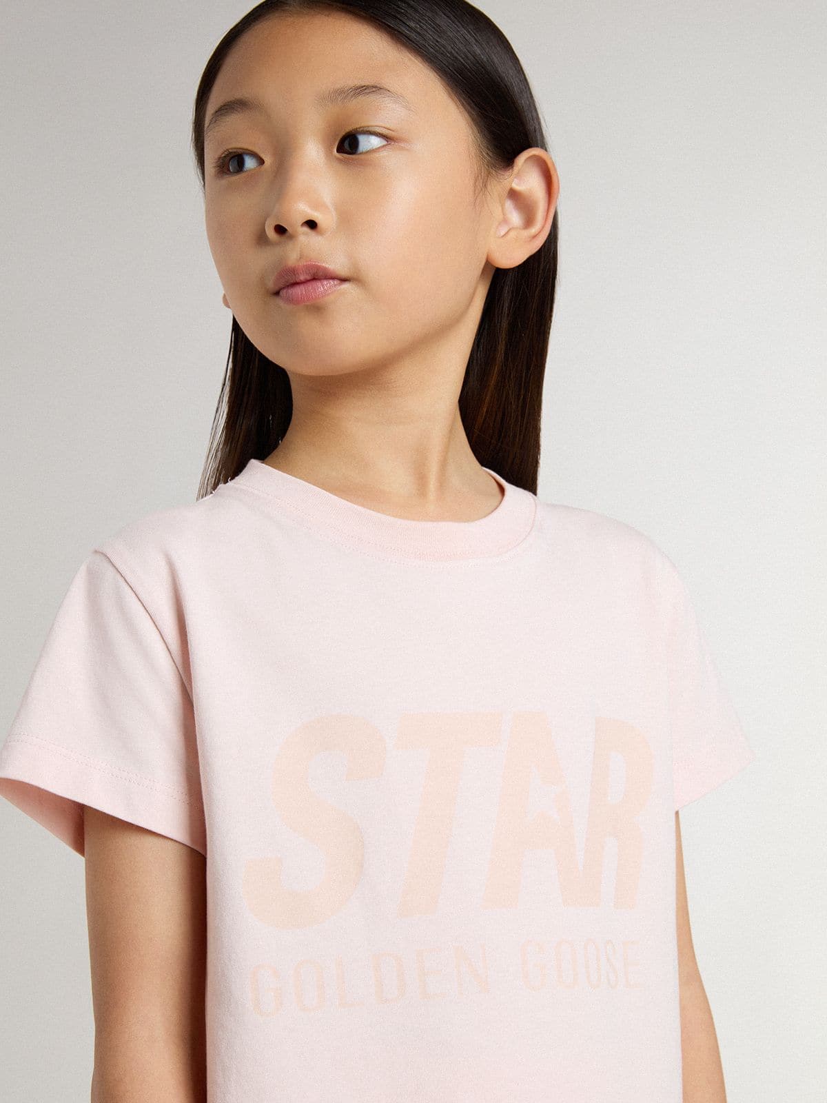 Girls' pink T-shirt with pink print on the front | Golden Goose