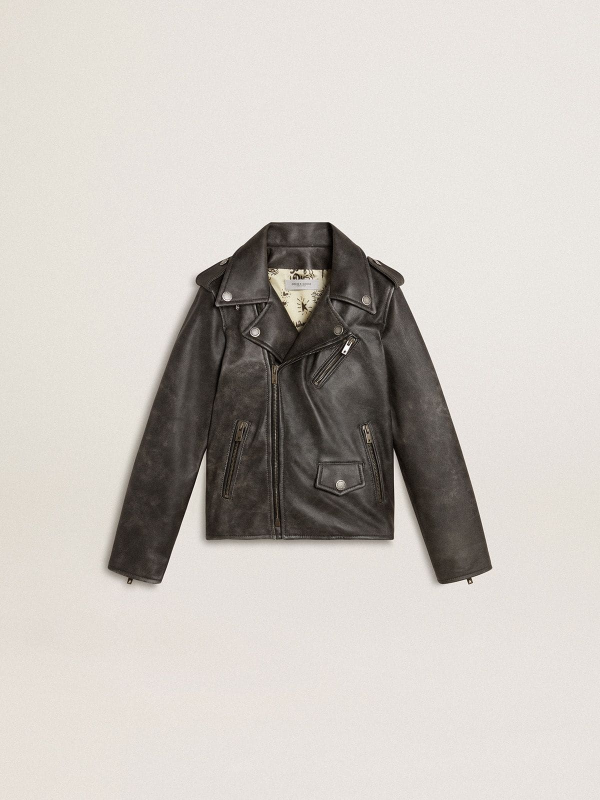 Boys’ biker jacket in distressed leather | Golden Goose