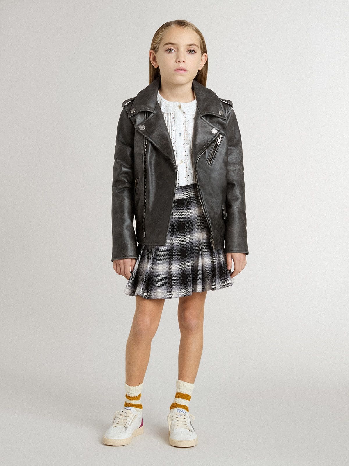 Boys’ biker jacket in distressed leather | Golden Goose