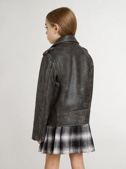 Boys’ biker jacket in distressed leather | Golden Goose