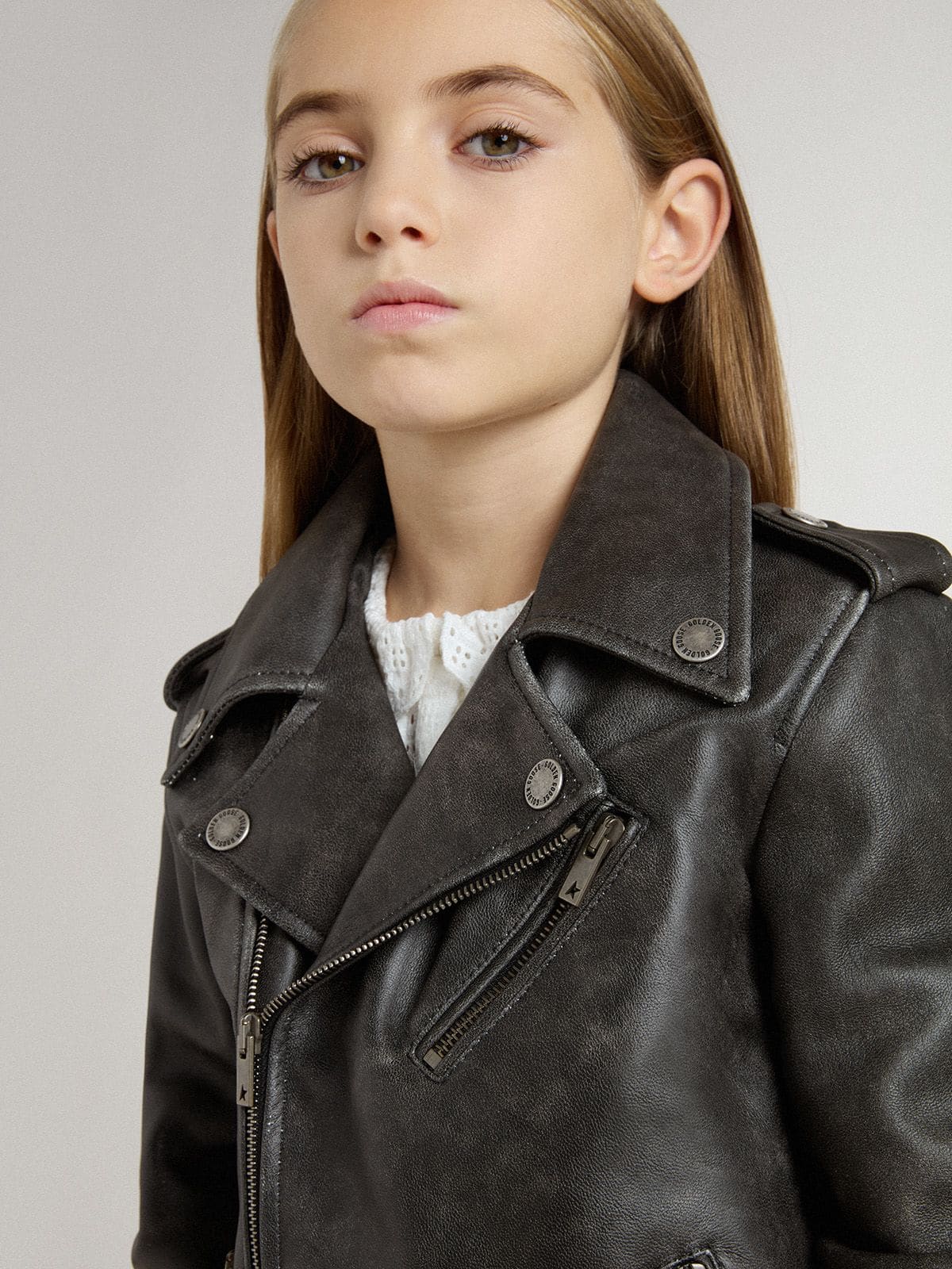 Boys’ biker jacket in distressed leather | Golden Goose