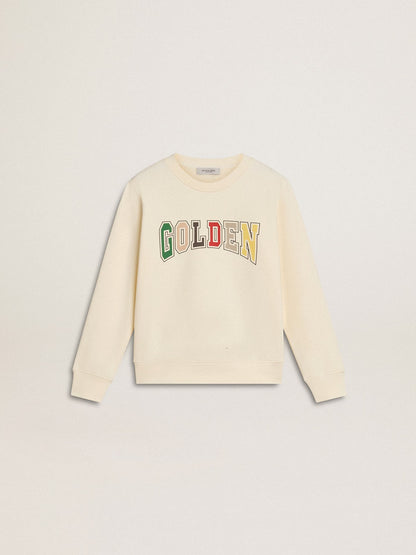 Sweatshirt in aged white with multicolor Golden lettering on the front | Golden Goose