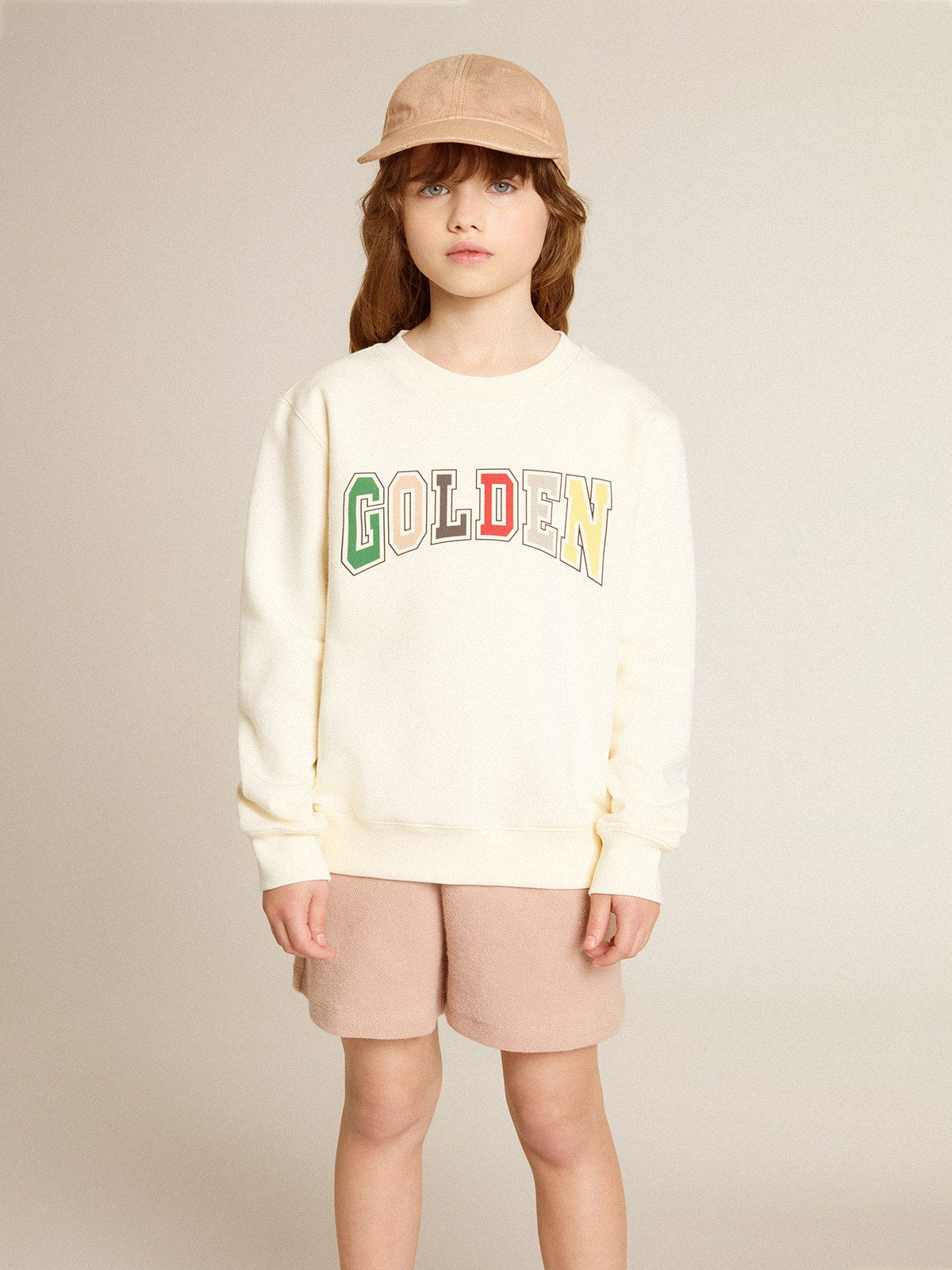 Sweatshirt in aged white with multicolor Golden lettering on the front | Golden Goose