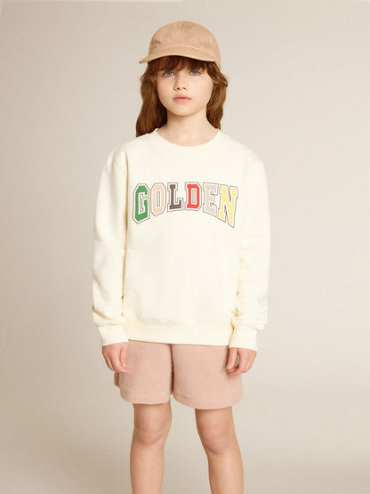Sweatshirt in aged white with multicolor Golden lettering on the front | Golden Goose