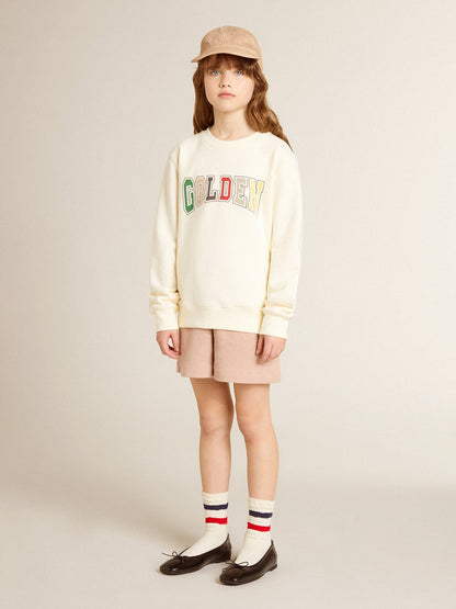Sweatshirt in aged white with multicolor Golden lettering on the front | Golden Goose