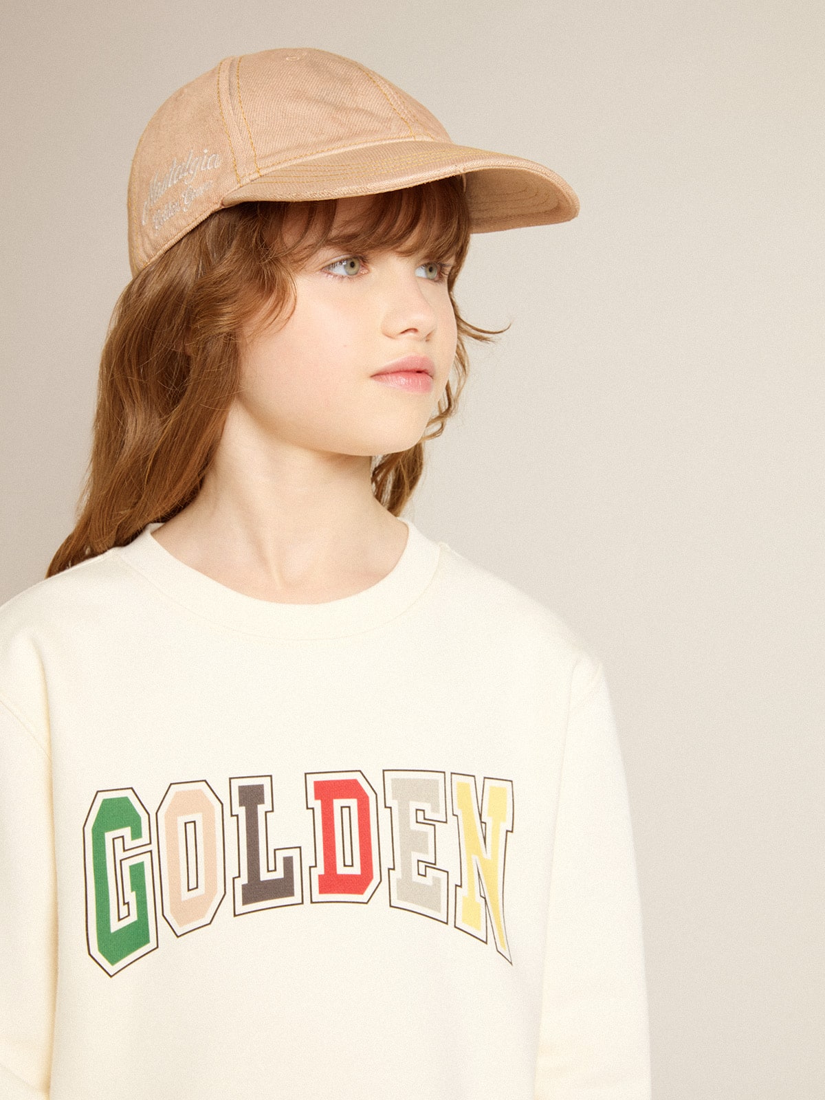 Sweatshirt in aged white with multicolor Golden lettering on the front | Golden Goose