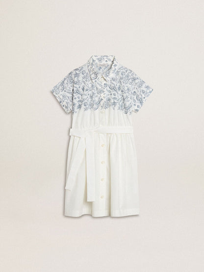 Girls’ shirt dress in white cotton canvas with a blue nautical print and white piping | Golden Goose