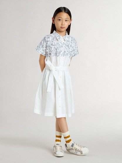 Girls’ shirt dress in white cotton canvas with a blue nautical print and white piping | Golden Goose