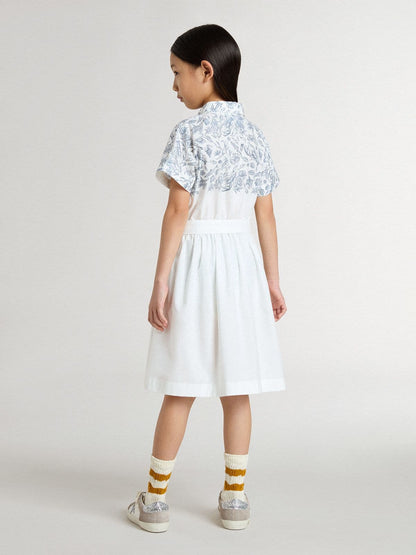 Girls’ shirt dress in white cotton canvas with a blue nautical print and white piping | Golden Goose