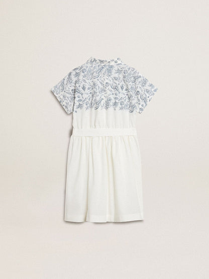 Girls’ shirt dress in white cotton canvas with a blue nautical print and white piping | Golden Goose