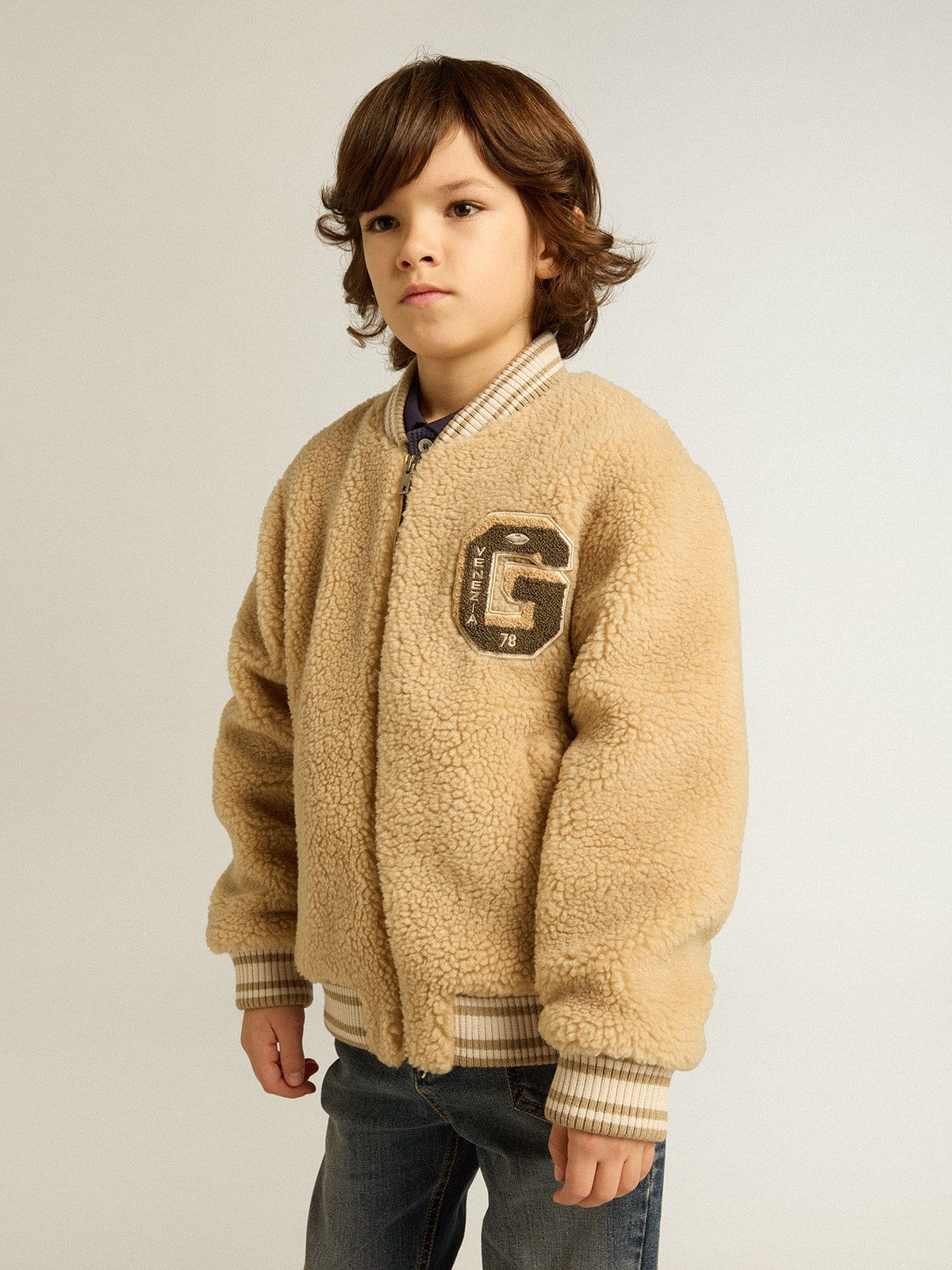 Kids beige fleece bomber jacket | Golden Goose