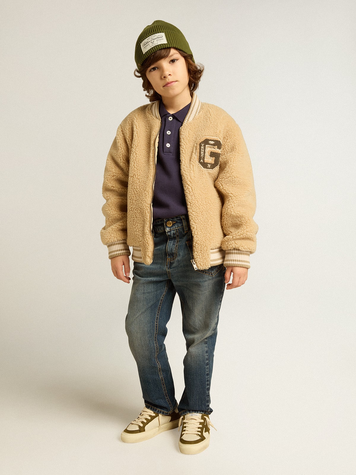 Kids beige fleece bomber jacket | Golden Goose