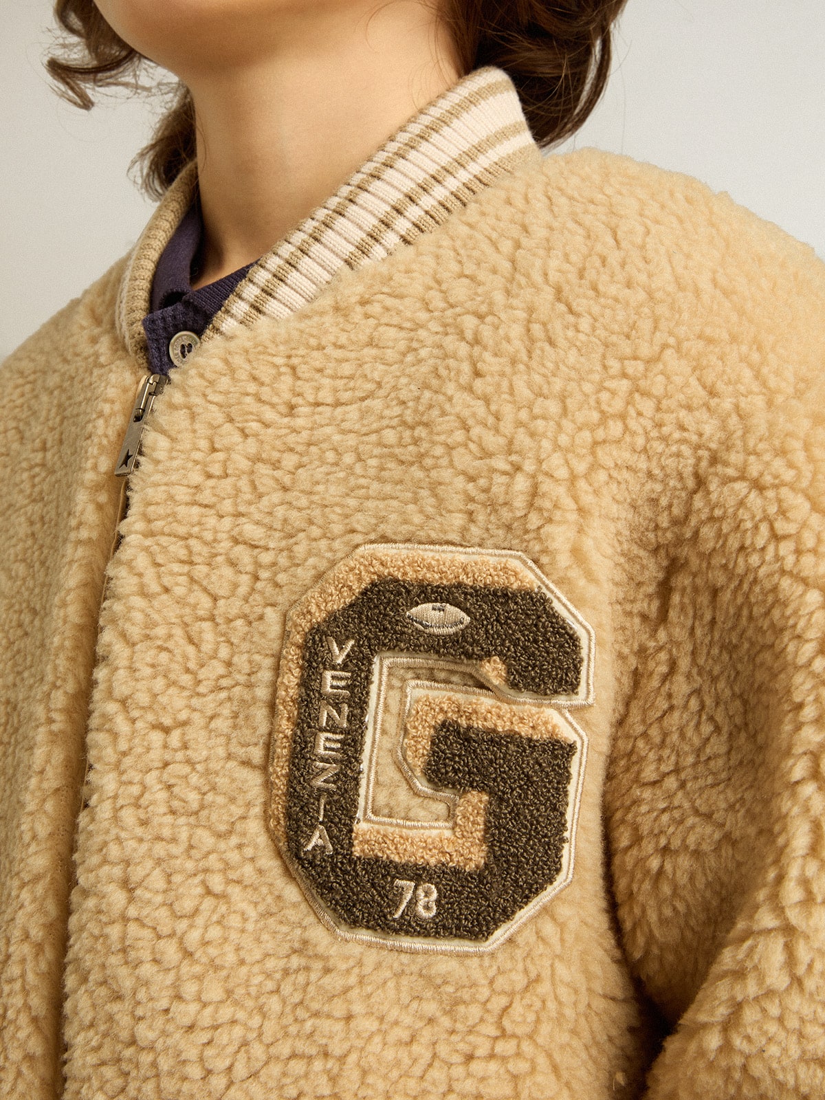 Kids beige fleece bomber jacket | Golden Goose
