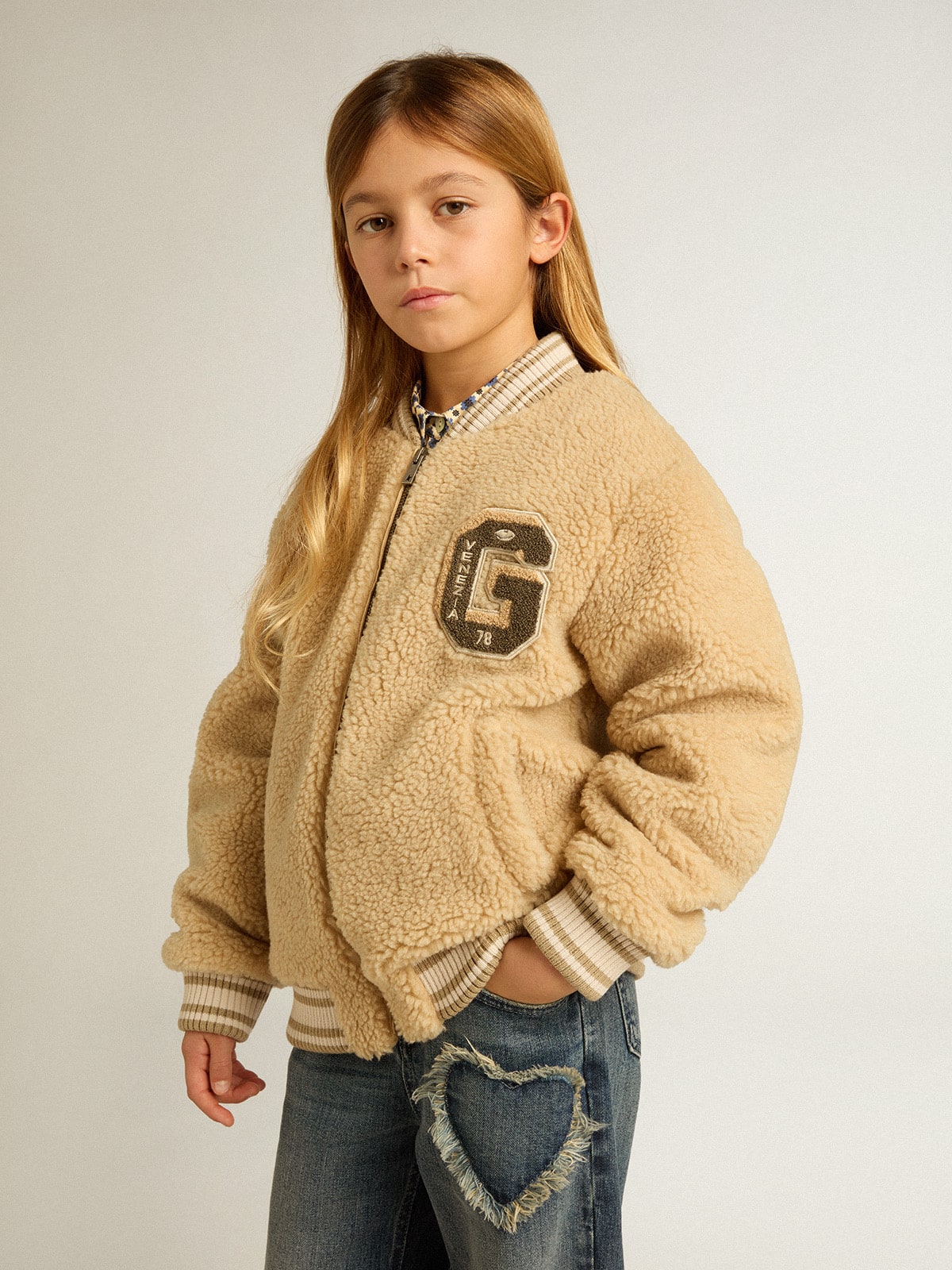 Kids beige fleece bomber jacket | Golden Goose