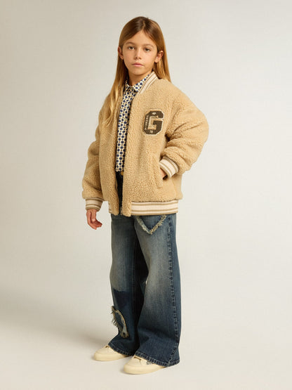 Kids beige fleece bomber jacket | Golden Goose