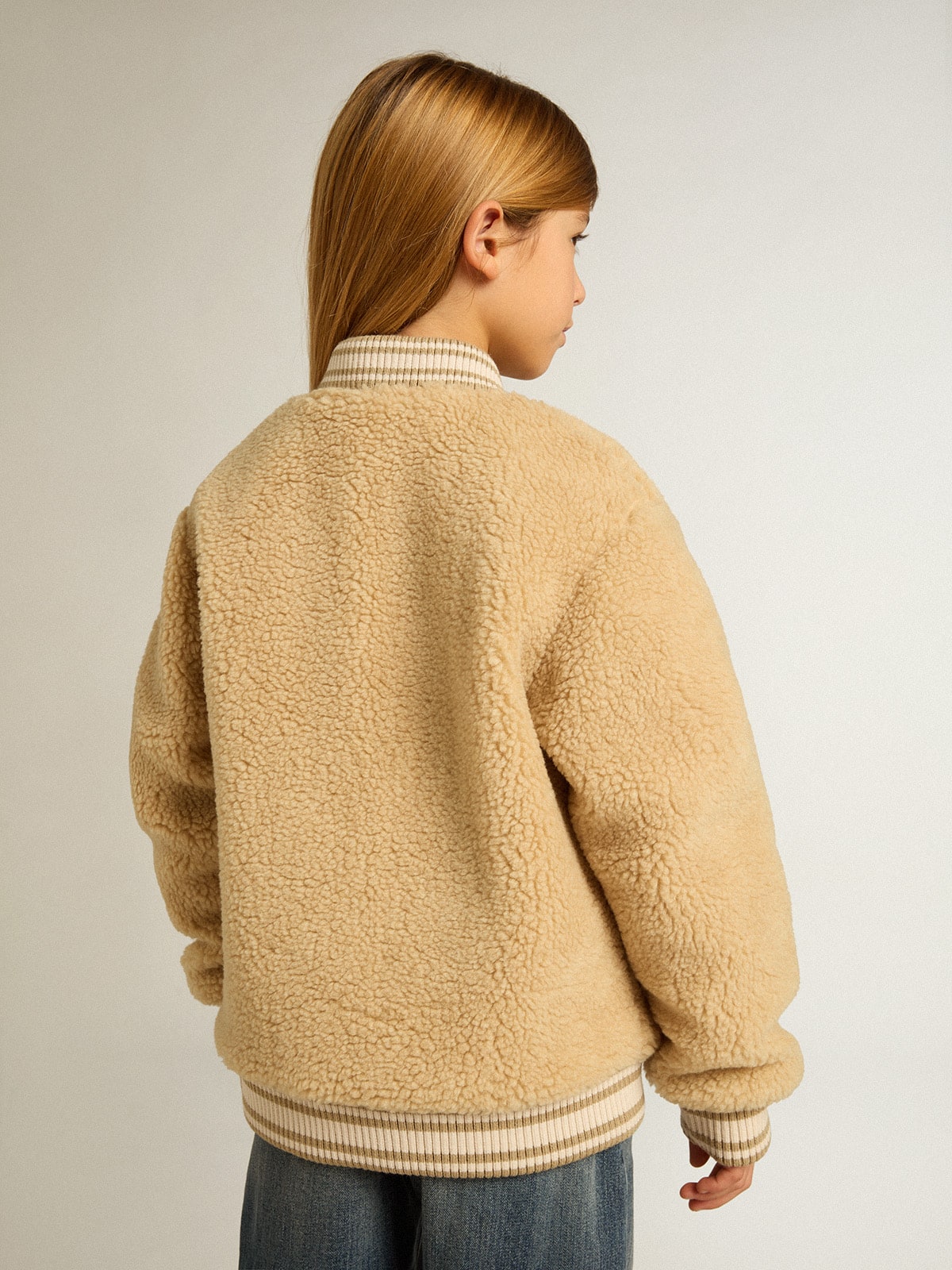 Kids beige fleece bomber jacket | Golden Goose
