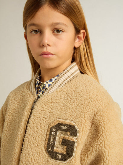 Kids beige fleece bomber jacket | Golden Goose