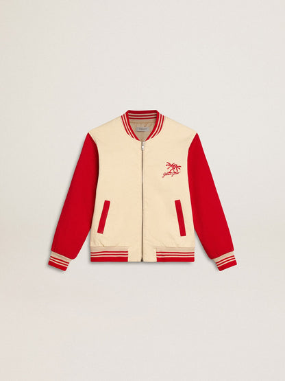 Kids' bomber jacket in beige and red cotton with embroidery on the chest | Golden Goose