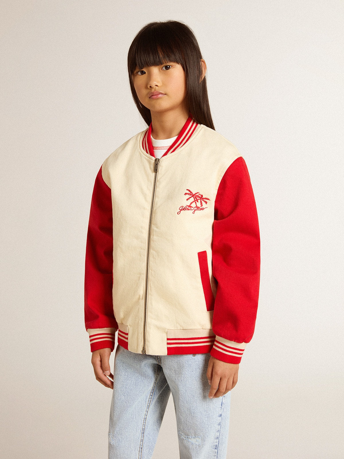 Kids' bomber jacket in beige and red cotton with embroidery on the chest | Golden Goose