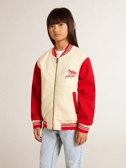 Kids' bomber jacket in beige and red cotton with embroidery on the chest | Golden Goose