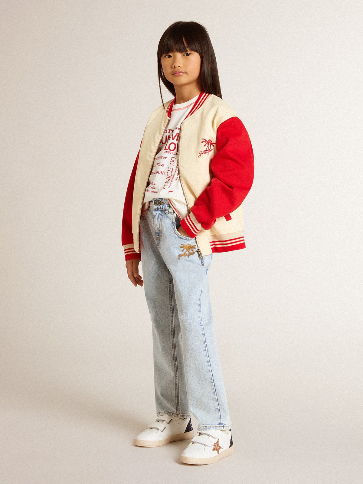 Kids' bomber jacket in beige and red cotton with embroidery on the chest | Golden Goose