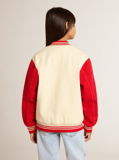 Kids' bomber jacket in beige and red cotton with embroidery on the chest | Golden Goose
