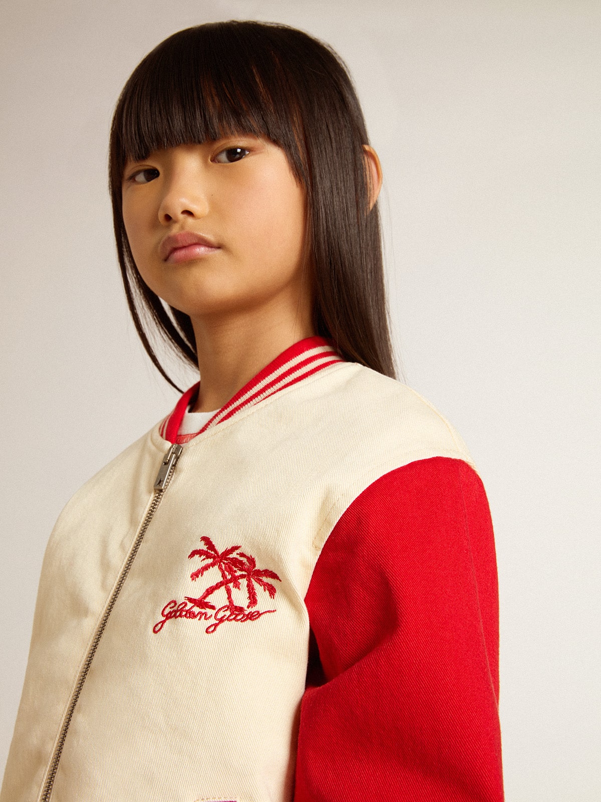 Kids' bomber jacket in beige and red cotton with embroidery on the chest | Golden Goose