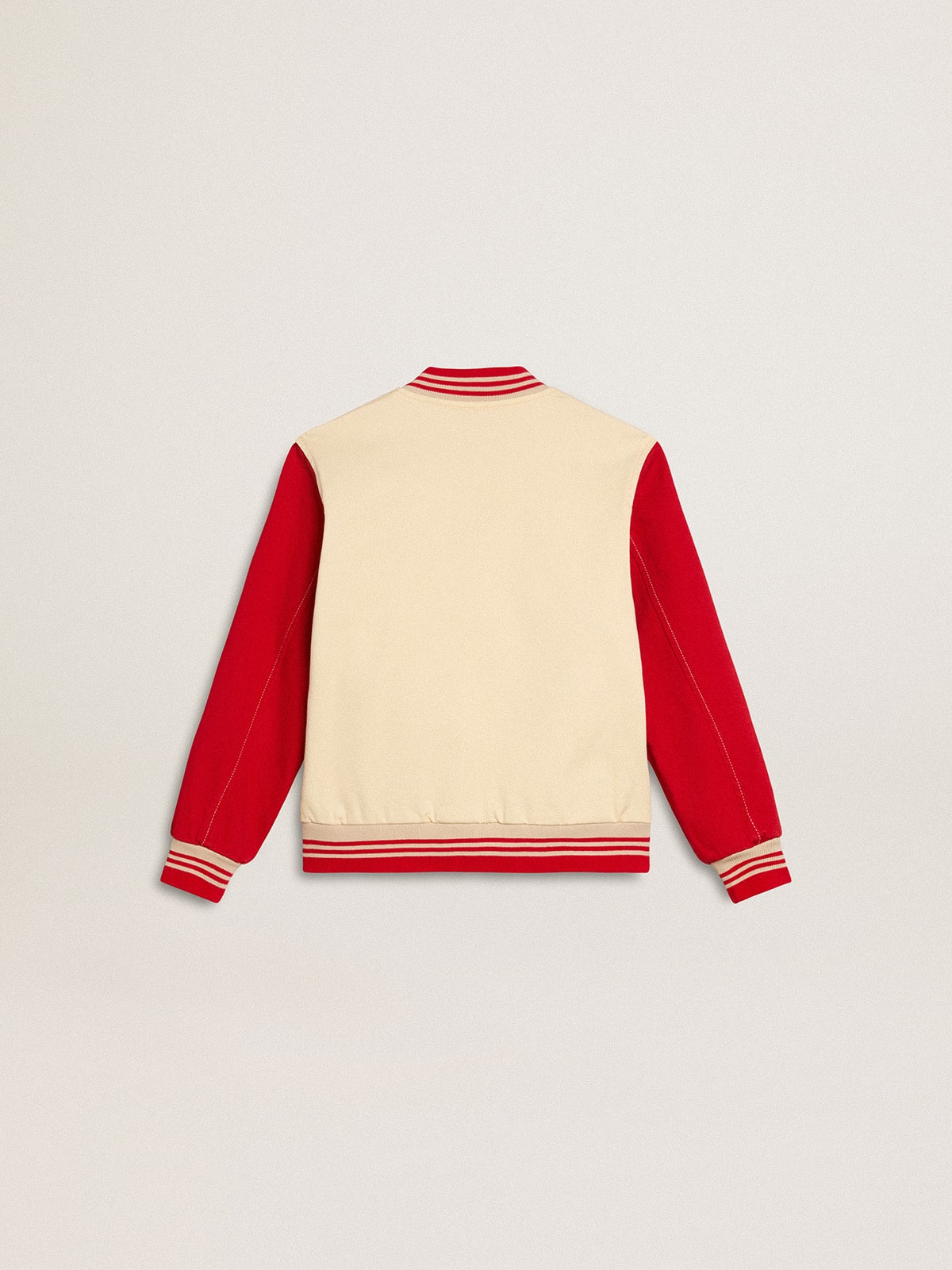 Kids' bomber jacket in beige and red cotton with embroidery on the chest | Golden Goose