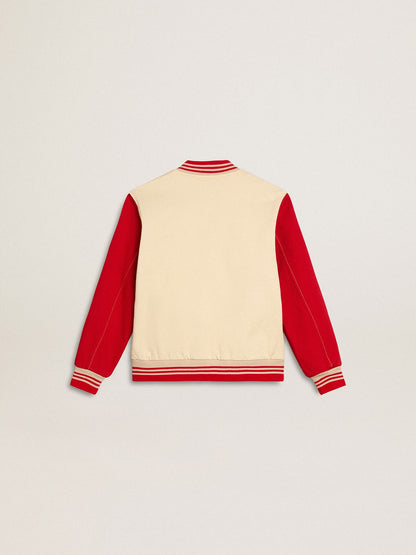 Kids' bomber jacket in beige and red cotton with embroidery on the chest | Golden Goose